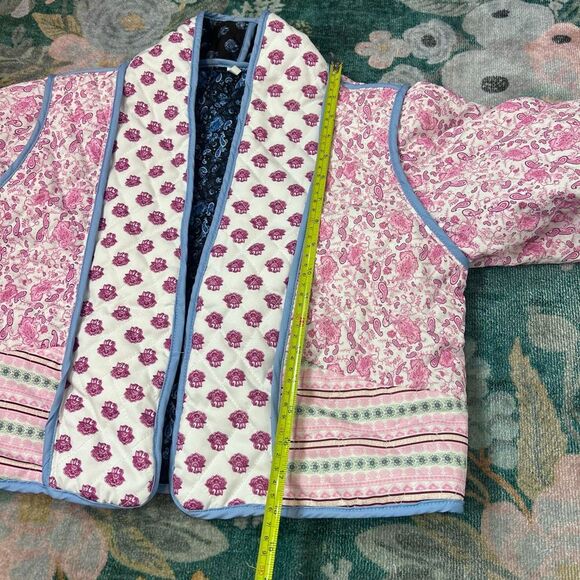 Puffer Jacket Womens Small Blue Pink Floral Paisley Quilted Reversible Cropped - Picture 10 of 13